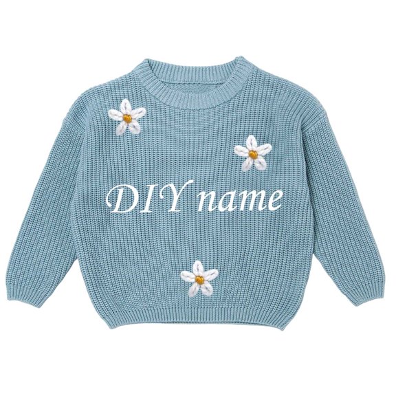 ZHOGXU Big Kids Girls Knitted Sweater Long Sleeve Round Neck Letter Embroidery Soft Comfortable Pullover Top For Casual Daily Wear Light Blue 12-18 Months