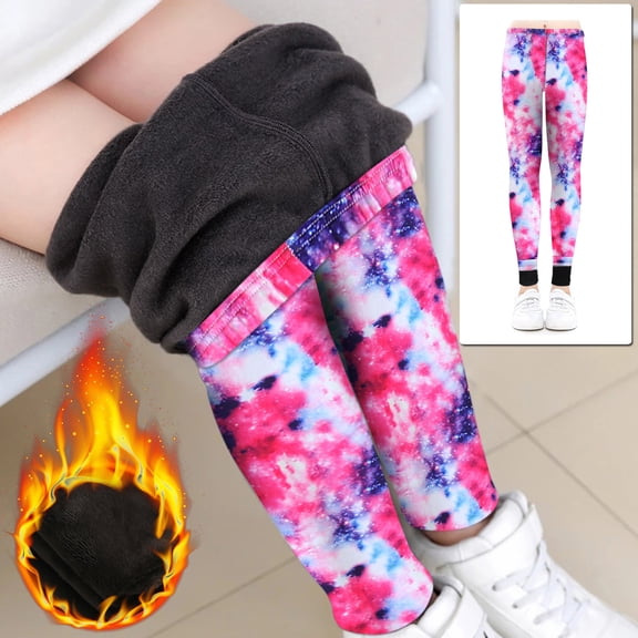 ZHOGXU Big Kids Girls Leggings Elastic Waist Cartoon Print Slim Fit Plush Warm Comfortable Stretchy Pants Trousers For Fall Winter Daily Wear Pink 6-7 Years