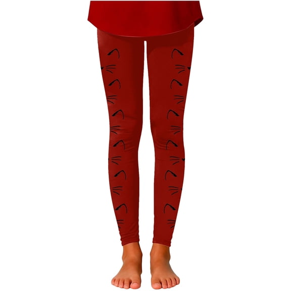 ZHOGXU Big Kids Girls Leggings High Waist Cute Cat Printed Slim Fit Comfortable Stretch Pants Trousers For Daily Wear Wine 11-12 Years
