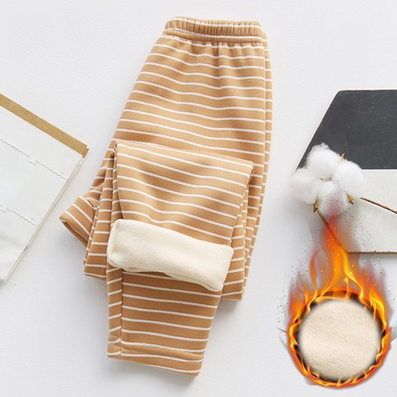 ZHOGXU Big Kids Girls Leggings High Waist Striped Print Slim Fit Plush Warm Comfortable Stretchy Pants Trousers For Fall Winter Daily Wear Brown 6-7 Years