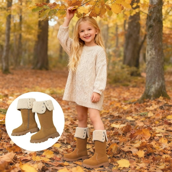 ZHOGXU Big Kids Girls Mid Calf Boots Foldable Shaft Solid Color Side Zipper Flat Sole Comfortable Fashion Shoes For Outdoor Activities Daily Wear Brown 3.5-4 Years