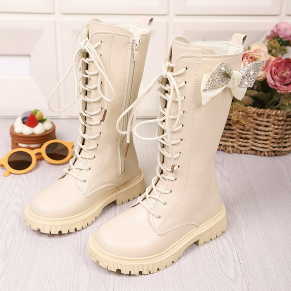 ZHOGXU Big Kids Girls Mid Calf Boots Solid Color Lace Up Side Zipper Bow Design Flat Sole Comfortable Fashion Shoes For Outdoor Activities Daily Wear White 10.5-11 Years