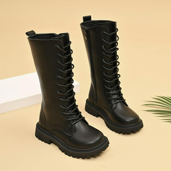 ZHOGXU Big Kids Girls Mid Calf Boots Solid Color Lace Up Side Zipper Flat Sole Comfortable Fashion Shoes For Outdoor Activities Daily Wear Black 4.5-5 Years
