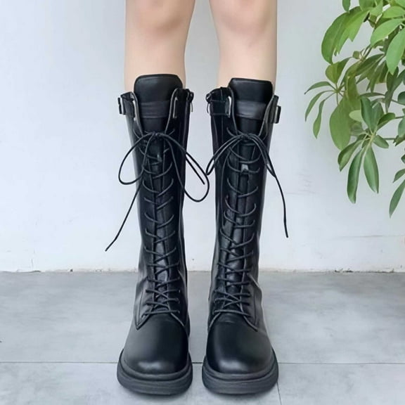 ZHOGXU Big Kids Girls Mid Calf Boots Solid Color Lace Up Side Zipper Flat Sole Comfortable Fashion Shoes For Outdoor Activities Daily Wear Black 4.5-5 Years