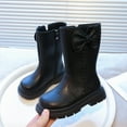 thumbnail image 1 of ZHOGXU Big Kids Girls Mid Calf Boots Solid Color Side Zipper Bow Design Flat Sole Comfortable Fashion Shoes For Outdoor Activities Daily Wear Black 9-10 Years, 1 of 8