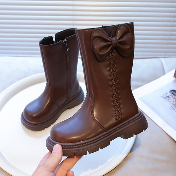 ZHOGXU Big Kids Girls Mid Calf Boots Solid Color Side Zipper Bow Design Flat Sole Comfortable Fashion Shoes For Outdoor Activities Daily Wear Brown 6-6.5 Years