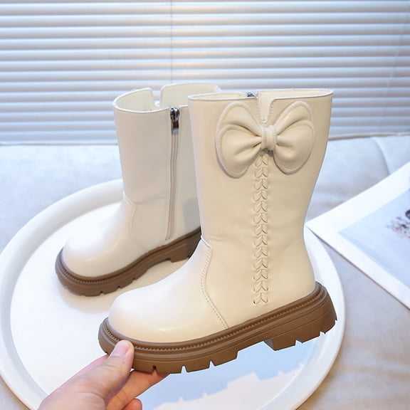 ZHOGXU Big Kids Girls Mid Calf Boots Solid Color Side Zipper Bow Design Flat Sole Comfortable Fashion Shoes For Outdoor Activities Daily Wear White 5-5.5 Years