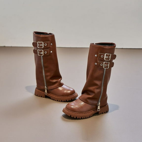 ZHOGXU Big Kids Girls Mid Calf Boots Solid Color Side Zipper Flat Sole Comfortable Fashion Shoes For Outdoor Activities Daily Wear Brown 5.5-6 Years