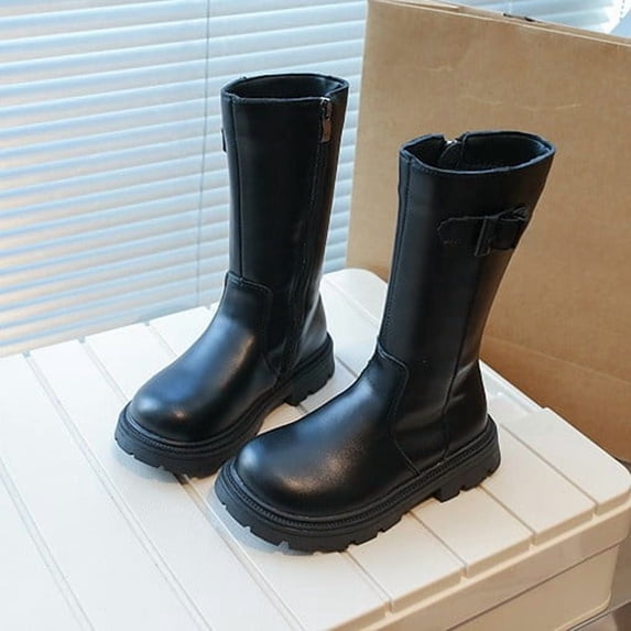 ZHOGXU Big Kids Girls Mid Calf Boots Solid Color Side Zipper Flat Sole Comfortable Fashion Shoes For Outdoor Activities Daily Wear Black 11-11.5 Years