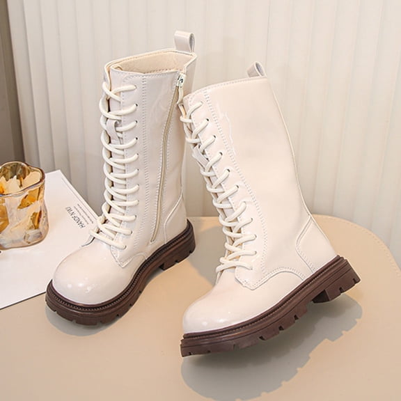 ZHOGXU Big Kids Girls Mid Calf Boots Solid Color Side Zipper Lace Up Flat Sole Comfortable Fashion Shoes For Autumn Winter Daily Wear White 7-8 Years