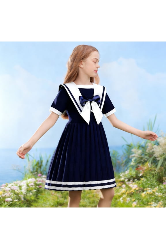Big Kids Girls Nautical Sailor Dress Short Sleeve Bow Design Pleated Comfortable Stylish Dresses For Party And Daily Wear Navy 6-7 Years