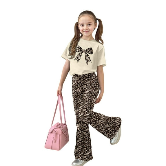 ZHOGXU Big Kids Girls Outfit Bow Leopard Printed Short Sleeve Round Neck Top And Flare Pants Two Piece Comfortable Fashion Sets For Daily Wear Beige 9-10 Years