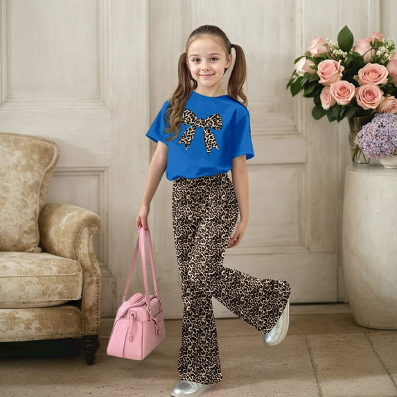 ZHOGXU Big Kids Girls Outfit Bow Leopard Printed Short Sleeve Round Neck Top And Flare Pants Two Piece Comfortable Fashion Sets For Daily Wear Blue 9-10 Years