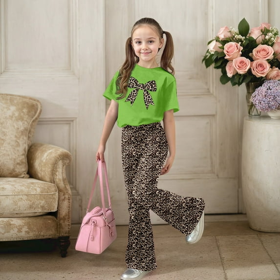 ZHOGXU Big Kids Girls Outfit Bow Leopard Printed Short Sleeve Round Neck Top And Flare Pants Two Piece Comfortable Fashion Sets For Daily Wear Green 7-8 Years