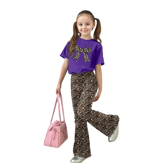 ZHOGXU Big Kids Girls Outfit Bow Leopard Printed Short Sleeve Round Neck Top And Flare Pants Two Piece Comfortable Fashion Sets For Daily Wear Purple 8-9 Years