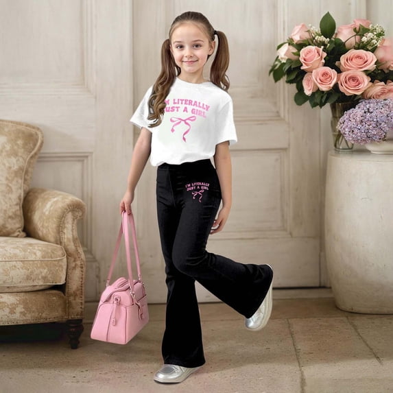 ZHOGXU Big Kids Girls Outfit Bow Letter Printed Short Sleeve Round Neck Top And Flare Leg Pants Two Piece Comfortable Fashion Sets For Daily Wear Black 10-11 Years