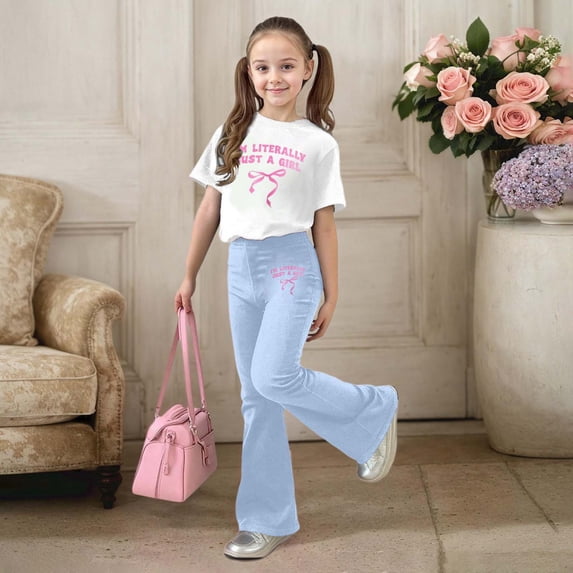 ZHOGXU Big Kids Girls Outfit Bow Letter Printed Short Sleeve Round Neck Top And Flare Leg Pants Two Piece Comfortable Fashion Sets For Daily Wear Light Blue 11-12 Years