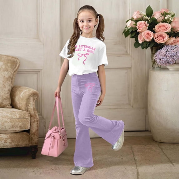 ZHOGXU Big Kids Girls Outfit Bow Letter Printed Short Sleeve Round Neck Top And Flare Leg Pants Two Piece Comfortable Fashion Sets For Daily Wear Purple 10-11 Years