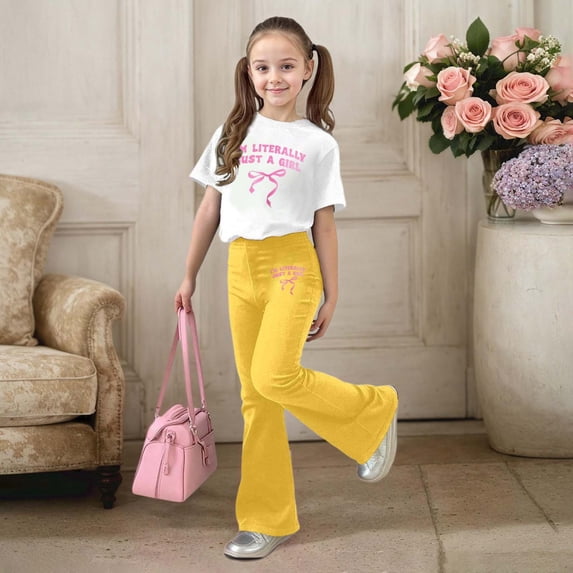 ZHOGXU Big Kids Girls Outfit Bow Letter Printed Short Sleeve Round Neck Top And Flare Leg Pants Two Piece Comfortable Fashion Sets For Daily Wear Yellow 10-11 Years