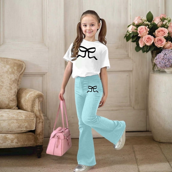 ZHOGXU Big Kids Girls Outfit Bow Printed Short Sleeve Round Neck Top And Flare Leg Pants Two Piece Comfortable Fashion Sets For Daily Wear Mint Green 11-12 Years