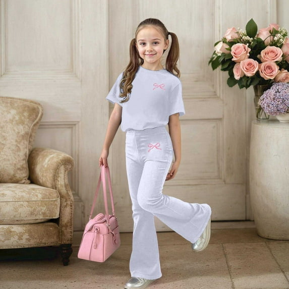 ZHOGXU Big Kids Girls Outfit Bow Printed Short Sleeve Round Neck Top And Flare Leg Pants Two Piece Comfortable Fashion Sets For Daily Wear White 7-8 Years