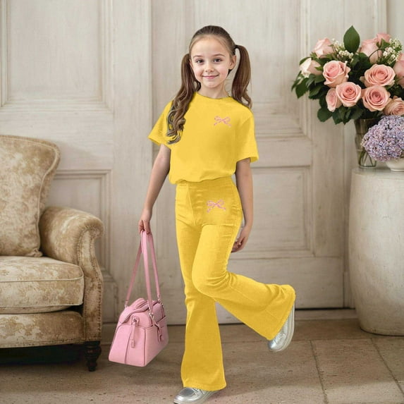 ZHOGXU Big Kids Girls Outfit Bow Printed Short Sleeve Round Neck Top And Flare Leg Pants Two Piece Comfortable Fashion Sets For Daily Wear Yellow 9-10 Years