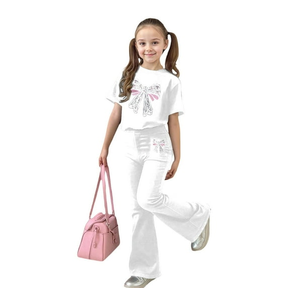 ZHOGXU Big Kids Girls Outfit Bow Printed Short Sleeve Round Neck Top And Flare Pants Two Piece Comfortable Fashion Sets For Daily Wear White 8-9 Years