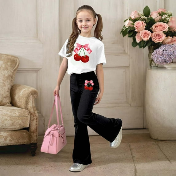 ZHOGXU Big Kids Girls Outfit Cherry Printed Short Sleeve Round Neck Top And Flare Leg Pants Two Piece Comfortable Fashion Sets For Daily Wear Black 110