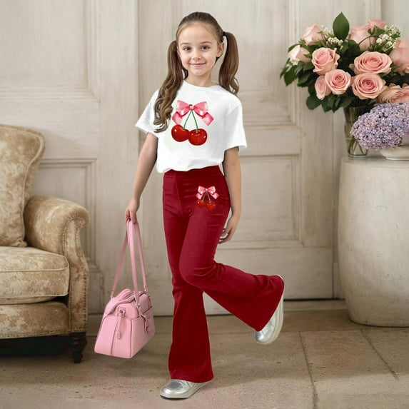 ZHOGXU Big Kids Girls Outfit Cherry Printed Short Sleeve Round Neck Top And Flare Leg Pants Two Piece Comfortable Fashion Sets For Daily Wear Wine 110