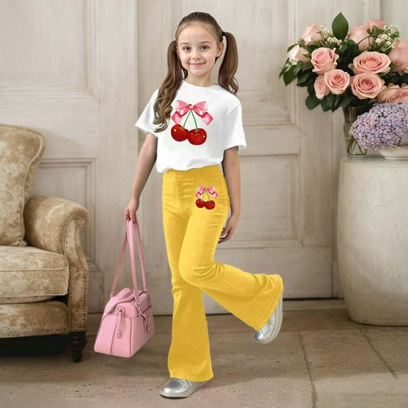 ZHOGXU Big Kids Girls Outfit Cherry Printed Short Sleeve Round Neck Top And Flare Leg Pants Two Piece Comfortable Fashion Sets For Daily Wear Yellow 160
