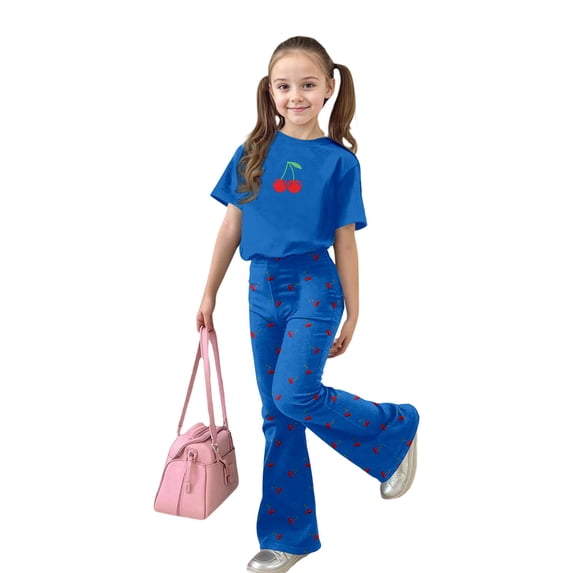 ZHOGXU Big Kids Girls Outfit Cherry Printed Short Sleeve Round Neck Top And Flare Pants Two Piece Comfortable Fashion Sets For Daily Wear Blue 7-8 Years