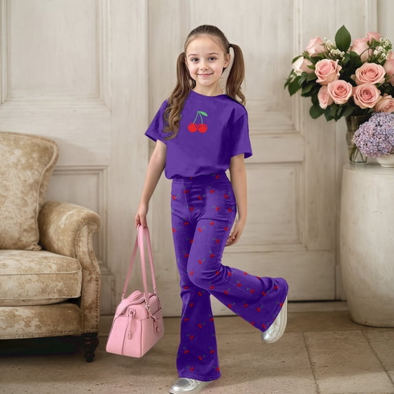 ZHOGXU Big Kids Girls Outfit Cherry Printed Short Sleeve Round Neck Top And Flare Pants Two Piece Comfortable Fashion Sets For Daily Wear Purple 9-10 Years