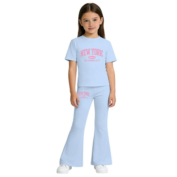 ZHOGXU Big Kids Girls Outfit Letter Printed Short Sleeve Round Neck Top And Flare Leg Pants Two Piece Comfortable Fashion Sets For Daily Wear Sky Blue 9-10 Years