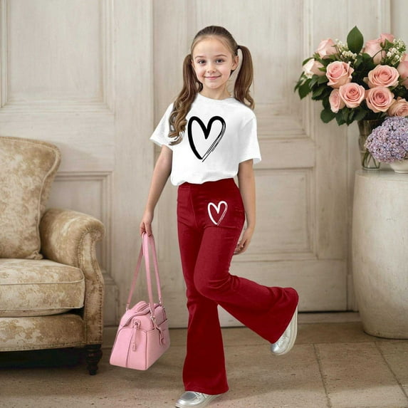 ZHOGXU Big Kids Girls Outfit Love Heart Printed Short Sleeve Round Neck Top And Flare Leg Pants Two Piece Comfortable Fashion Sets For Daily Wear Brick Red 9-10 Years