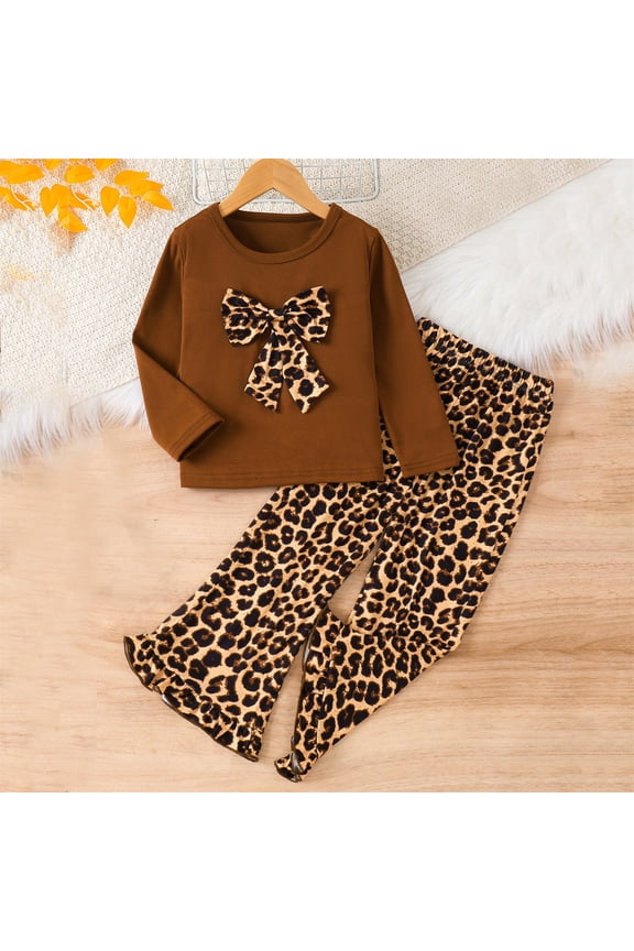 Big Kids Girls Outfits 2 Piece Long Sleeve Round Neck Bow Design Leopard Print Pullover And Joggers Fashion Comfortable Sets For Daily Wear Coffee 4-5 Years