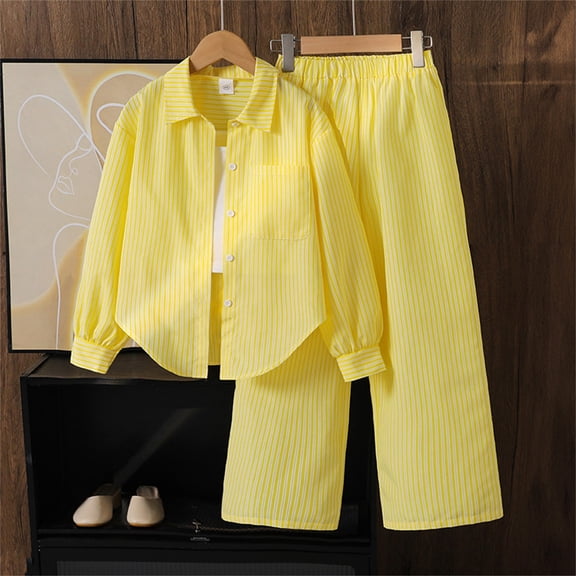 ZHOGXU Big Kids Girls Outfits Long Sleeve Lapel Striped Print Buttons Shirt And Wide Leg Pants Fashion Comfortable Two Piece Set For Daily Wear Yellow 10-11 Years