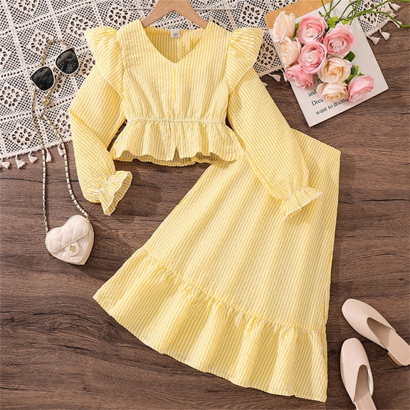 ZHOGXU Big Kids Girls Outfits Long Sleeve V Neck Stripe Print Tops And Pleated Skirt Comfortable Fashion Two Piece Set For Daily Wear Yellow 7-8 Years