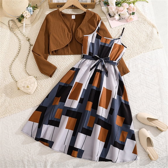 ZHOGXU Big Kids Girls Outfits Two Piece Retro Style Sleeveless Suspenders Plaid Print Dress And Long Sleeve Jacket Fashion Comfortable Set For Daily Wear Brown 7-8 Years
