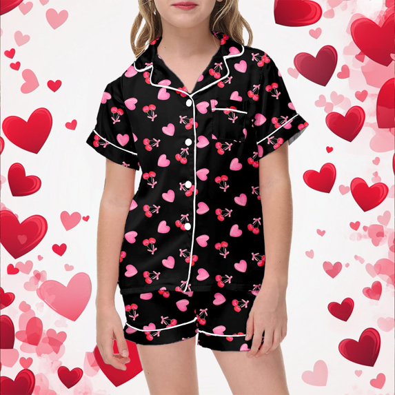 ZHOGXU Big Kids Girls Pajama Sets Short Sleeve Lapel Cute Cherry And Heart Print Top And Shorts Satin Sleepwear Comfortable Two Piece Outfits For Daily Wear Black 2-3 Years