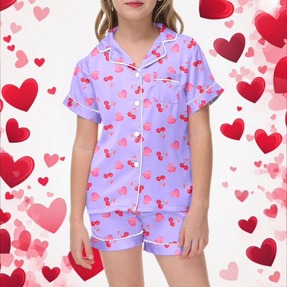 ZHOGXU Big Kids Girls Pajama Sets Short Sleeve Lapel Cute Cherry And Heart Print Top And Shorts Satin Sleepwear Comfortable Two Piece Outfits For Daily Wear Purple 6-7 Years