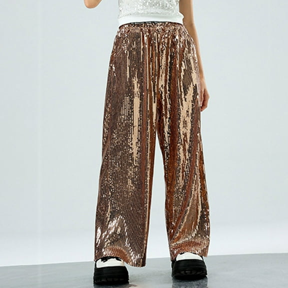 ZHOGXU Big Kids Girls Pants Elastic Waist Solid Color Sequins Wide Leg Straight Fit Shiny Dance Trousers For Party Stage Performance Gold 180