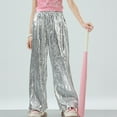 thumbnail image 1 of ZHOGXU Big Kids Girls Pants Elastic Waist Solid Color Sequins Wide Leg Straight Fit Shiny Dance Trousers For Party Stage Performance Silver 3-4 Years, 1 of 4