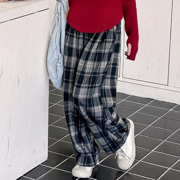 ZHOGXU Big Kids Girls Pants High Waist Plaid Print Wide Leg Loose Fit Comfortable Soft Stylish Trousers For Casual Daily Wear Black 6-7 Years