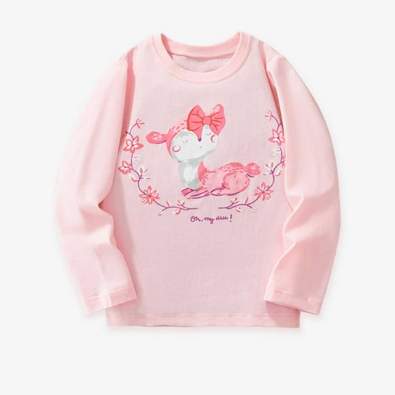ZHOGXU Big Kids Girls Pullover Long Sleeve Round Neck Cute Cartoon Printed Comfortable Casual Top Tee For Daily Wear Light Pink 2-3 Years
