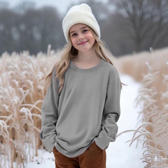 ZHOGXU Big Kids Girls Pullover Long Sleeve Round Neck Solid Color Comfortable Soft Warm Sweatshirt For Autumn Winter Daily Wear Grey 13-14 Years