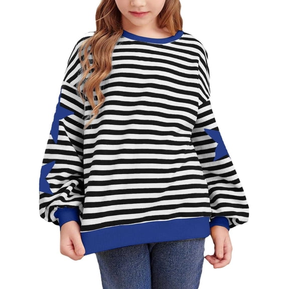 ZHOGXU Big Kids Girls Pullover Long Sleeve Round Neck Striped Print Comfortable Soft Casual Sweatshirt For Autumn Winter Daily Wear Dark Blue 7-8 Years