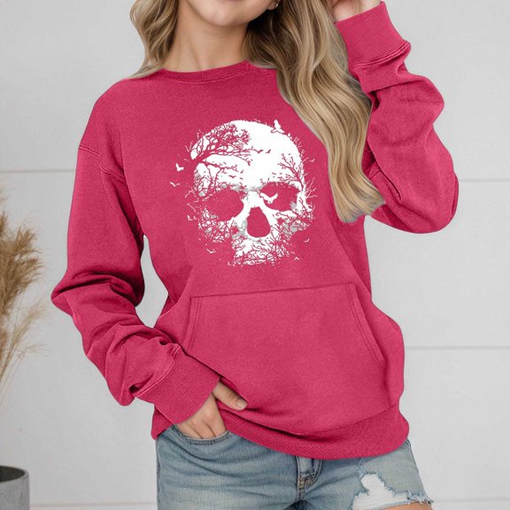 ZHOGXU Big Kids Girls Pullover With Pocket Long Sleeve Round Neck Skull Print Comfortable Soft Warm Sweatshirt For Autumn Winter Daily Wear Hot Pink 9-10 Years