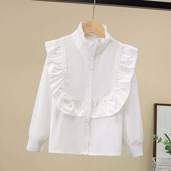 ZHOGXU Big Kids Girls Shirt Long Sleeve Lapel Solid Color Lace Trim Button Down Ruffled Elegant Comfortable Blouses For Party And Daily Wear Beige2 15-16 Years