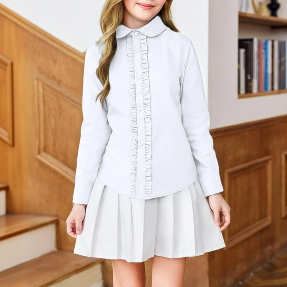 ZHOGXU Big Kids Girls Shirt Long Sleeve Turndown Collar Ruffle Trim Buttons Solid Color Blouse Top For School Performance And Everyday Wear White 13-14 Years