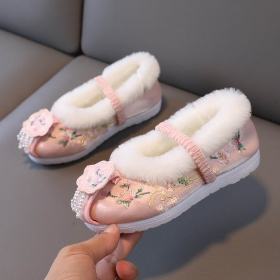 ZHOGXU Big Kids Girls Shoes Plush Flat Sole Non Flower Embroidery Ethnic Style Warm Comfortable Fashion Shoes For Casual Daily Wear Pink 2-2.5 Years
